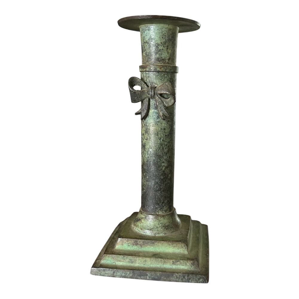 Green Patina Vintage metal candle holder bow cottagecore candelabra Victorian